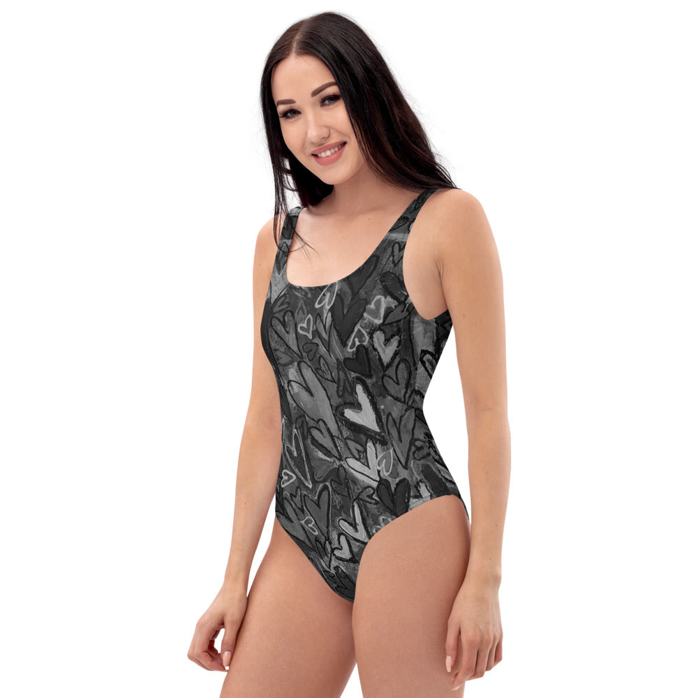 One-Piece Swimsuit "Black and White Hearts "Original Art by Stara , Artist Tara Sinclair