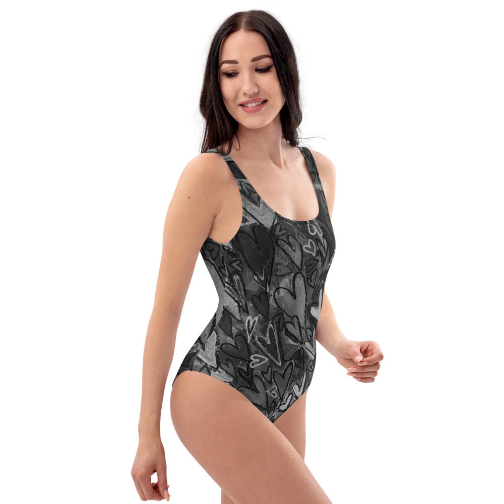 One-Piece Swimsuit "Black and White Hearts "Original Art by Stara , Artist Tara Sinclair