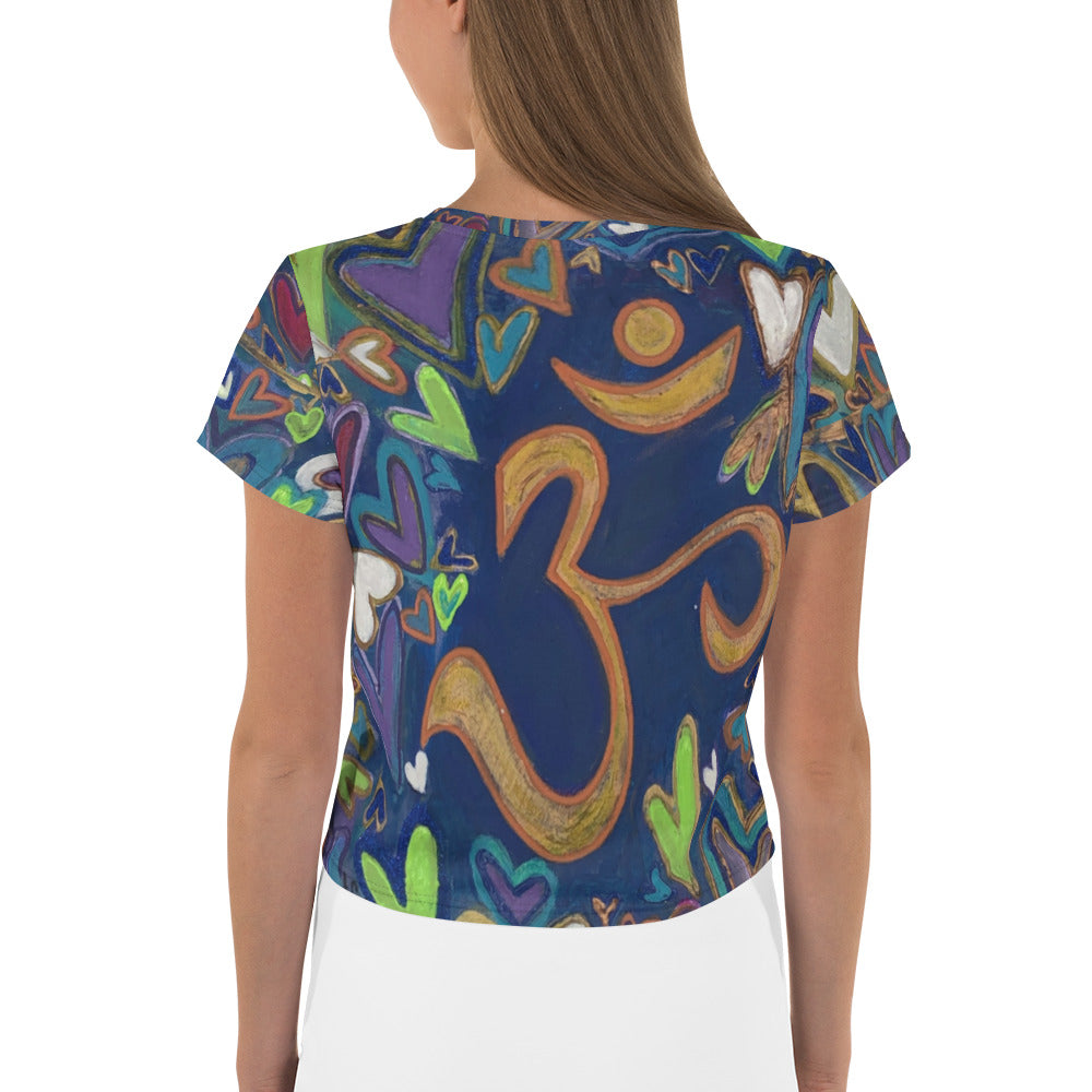 All-Over Print Crop Tee"Ohm & Hearts" Original Art by Stara Art Artist Tara Sinclair This stylish crop top is perfect for living your best life, inner peace and self love inspired !