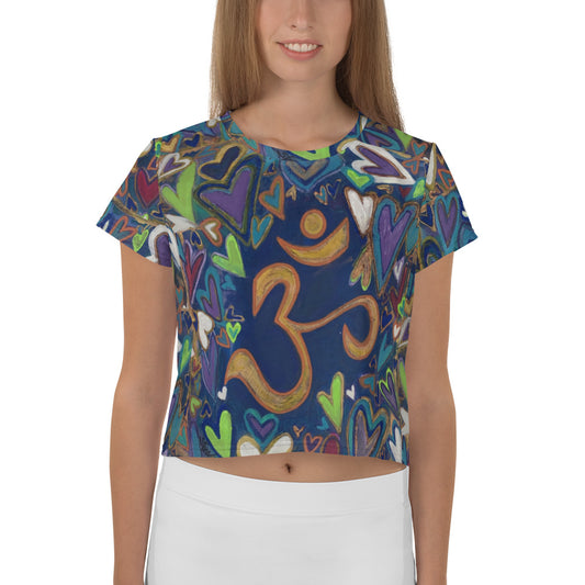 All-Over Print Crop Tee"Ohm & Hearts" Original Art by Stara Art Artist Tara Sinclair This stylish crop top is perfect for living your best life, inner peace and self love inspired !