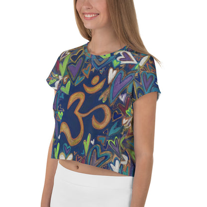 All-Over Print Crop Tee"Ohm & Hearts" Original Art by Stara Art Artist Tara Sinclair This stylish crop top is perfect for living your best life, inner peace and self love inspired !