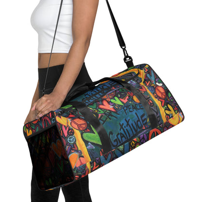 Duffle bag  "More Love, More Peace, More Gratitude" Original Art by Stara Art, Artist Tara Sinclair