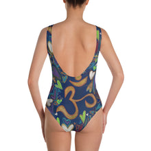 Load image into Gallery viewer, One-Piece Swimsuit &quot;Ohm &amp; Hearts&quot; Original Art by Stara Art Artist Tara Sinclair The perfect swim suit or body suit for living your best life, inner peace and self love inspired !
