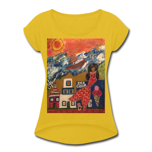 Women's Roll Cuff T-Shirt - mustard yellow