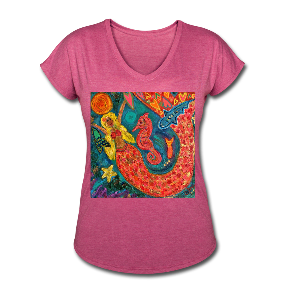 Women's Tri-Blend V-Neck T-Shirt - heather raspberry